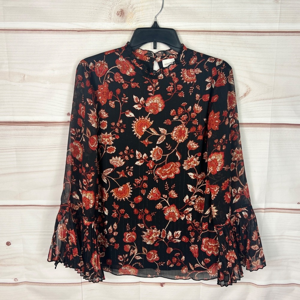 Chicos Top Women 1 Medium Black Floral Blouse Flare Sleeve Crew Neck Woven Lined